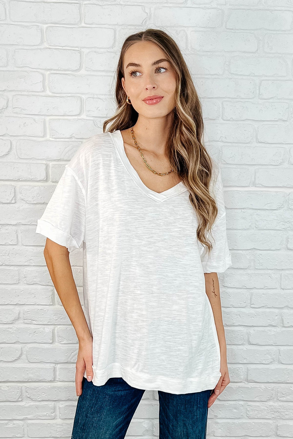 Basic Instinct Drop Shoulder V-Neck Tee in Ivory - 3/28/2025