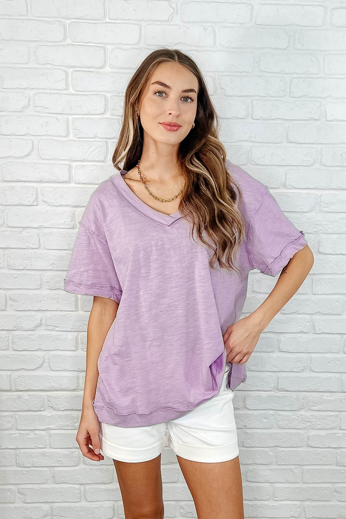 Basic Instinct Drop Shoulder V-Neck Tee in Lilac - 3/28/2025