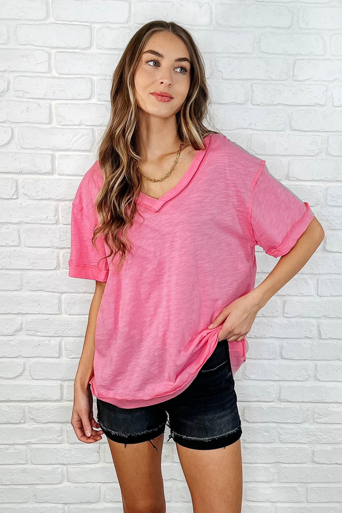 Basic Instinct Drop Shoulder V-Neck Tee in Pink - 3/28/2025