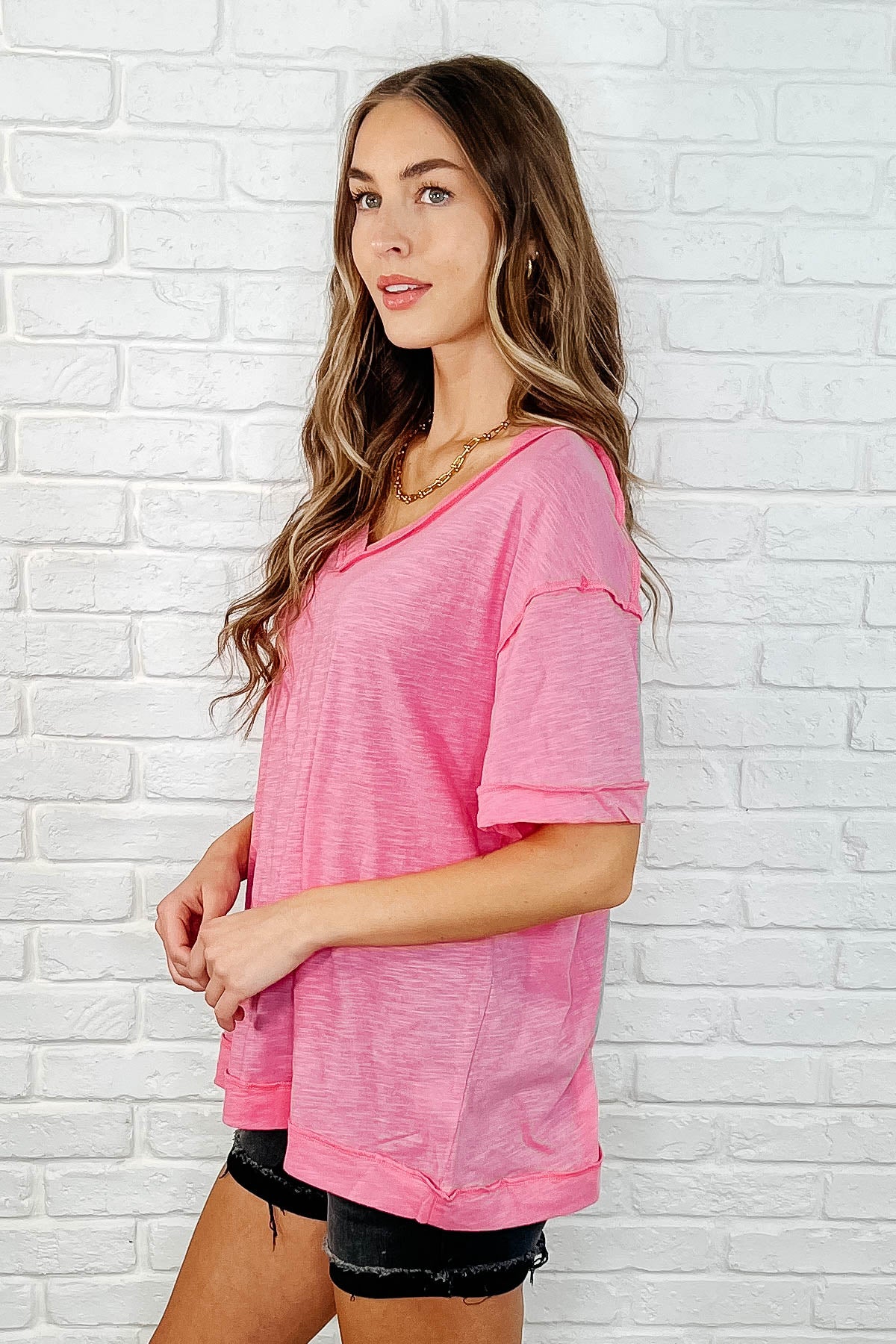 Basic Instinct Drop Shoulder V-Neck Tee in Pink - 3/28/2025