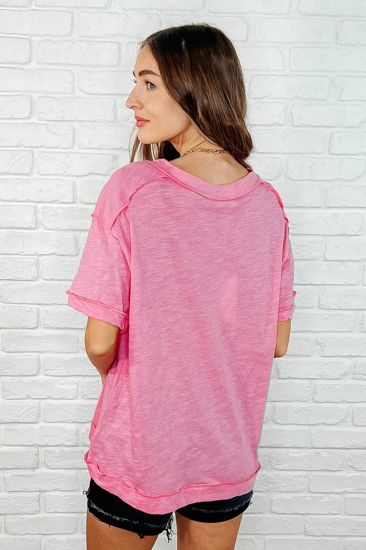 Basic Instinct Drop Shoulder V-Neck Tee in Pink - 3/28/2025