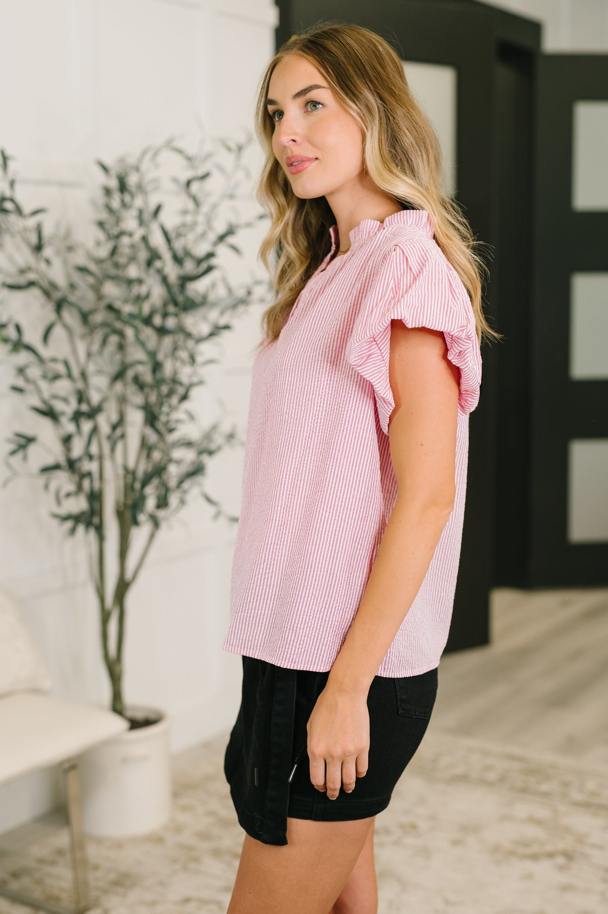 Beauty & Brains Textured Split Neck Blouse - 7/7/2026