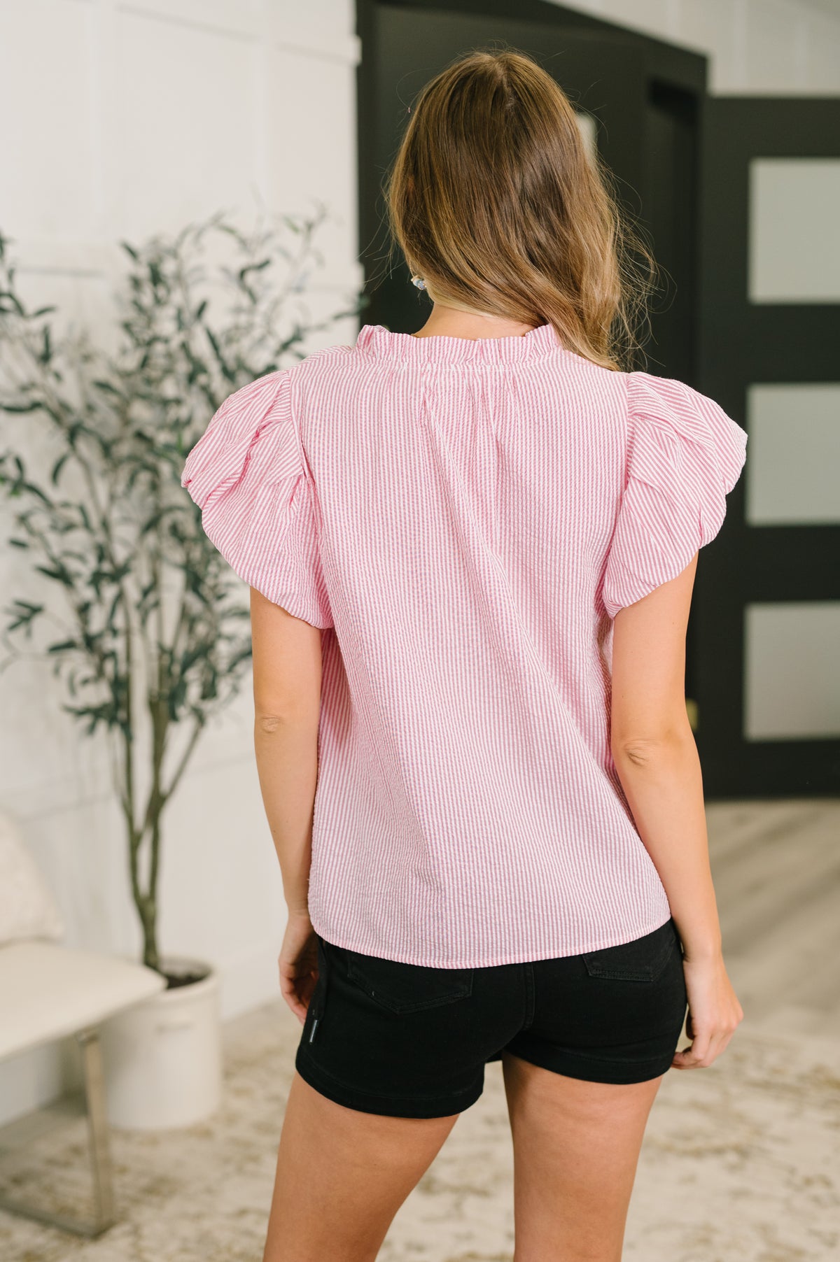 Beauty & Brains Textured Split Neck Blouse - 7/7/2026
