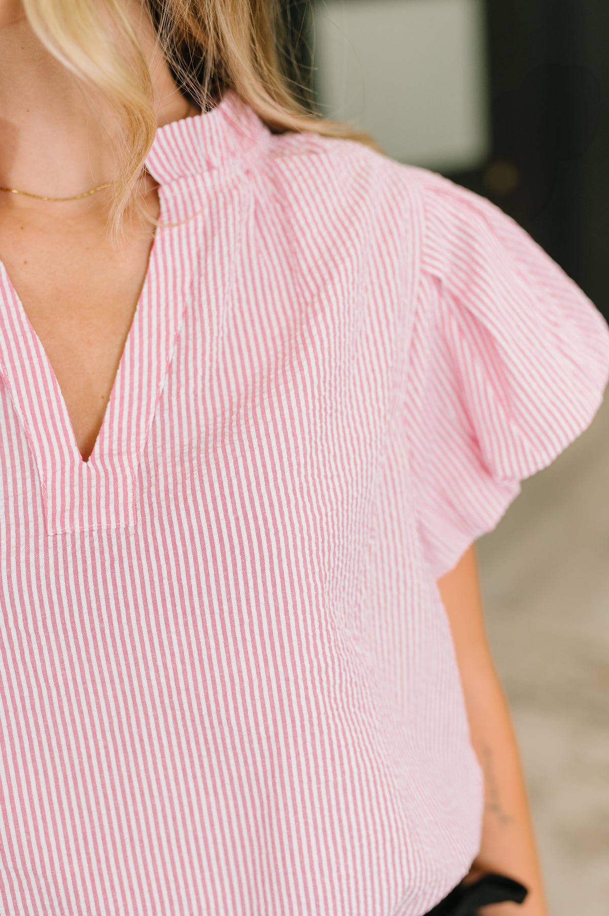 Beauty & Brains Textured Split Neck Blouse - 7/7/2026