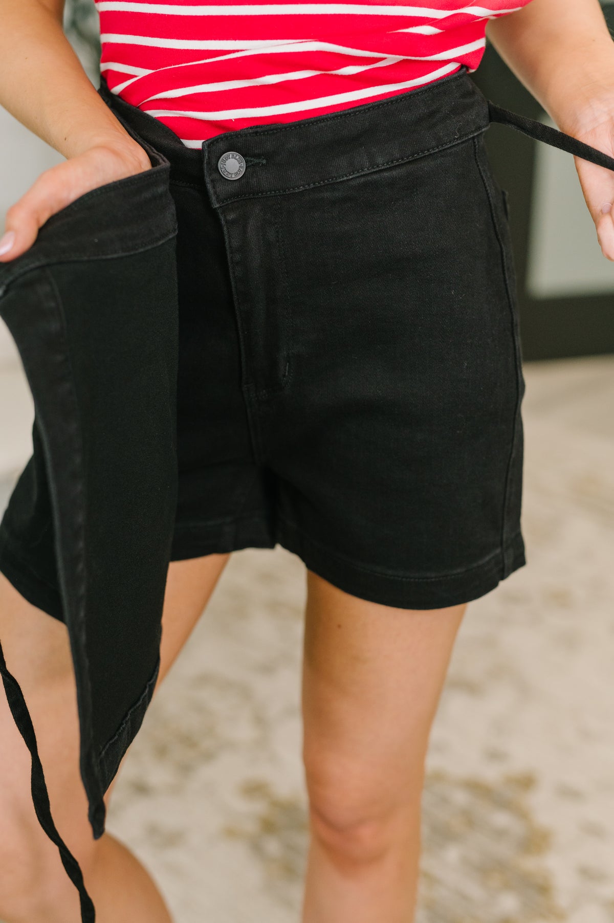 Bentli High Rise Side Tie Denim Skort in Black - 6/1/2026