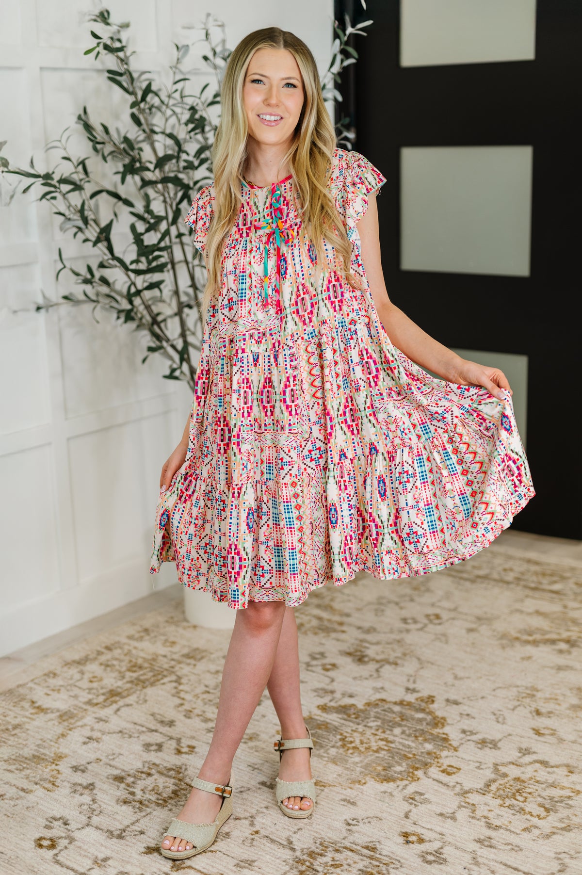 Boho and Behold Flutter Sleeve Dress in Blush/Fuchsia/Mint - 6/17/2025 NEW