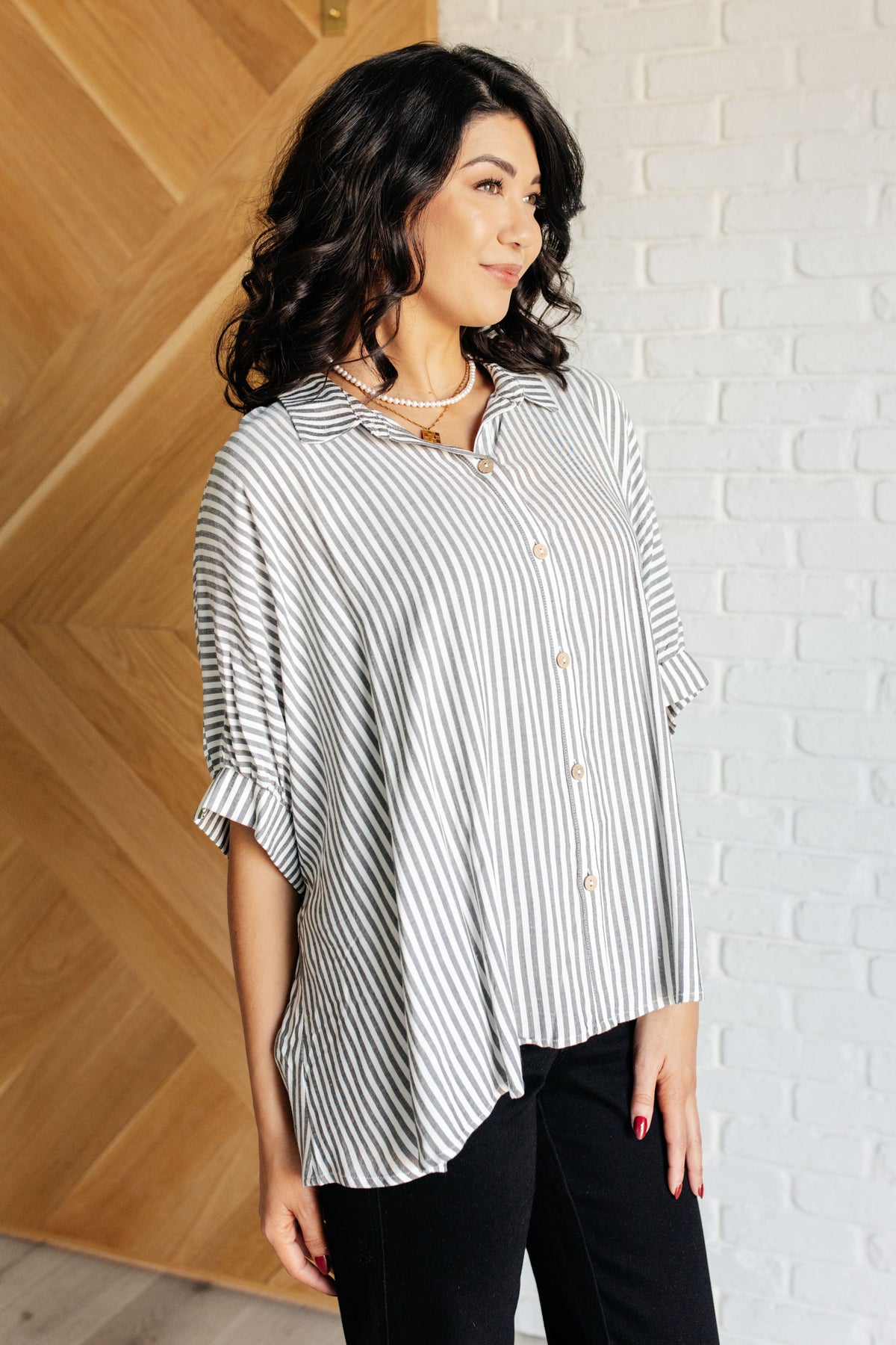 Boxy Striped Button Up in Black - 10/16/2024