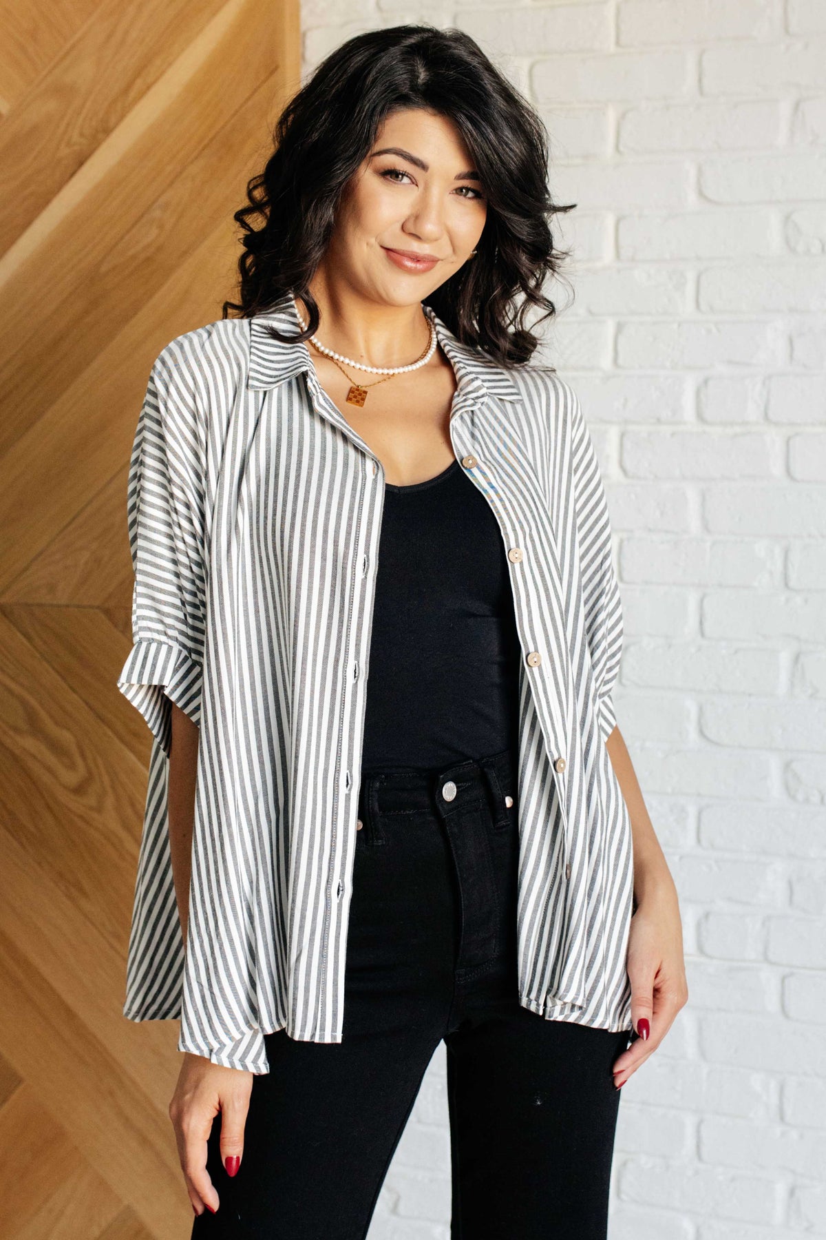 Boxy Striped Button Up in Black - 10/16/2024