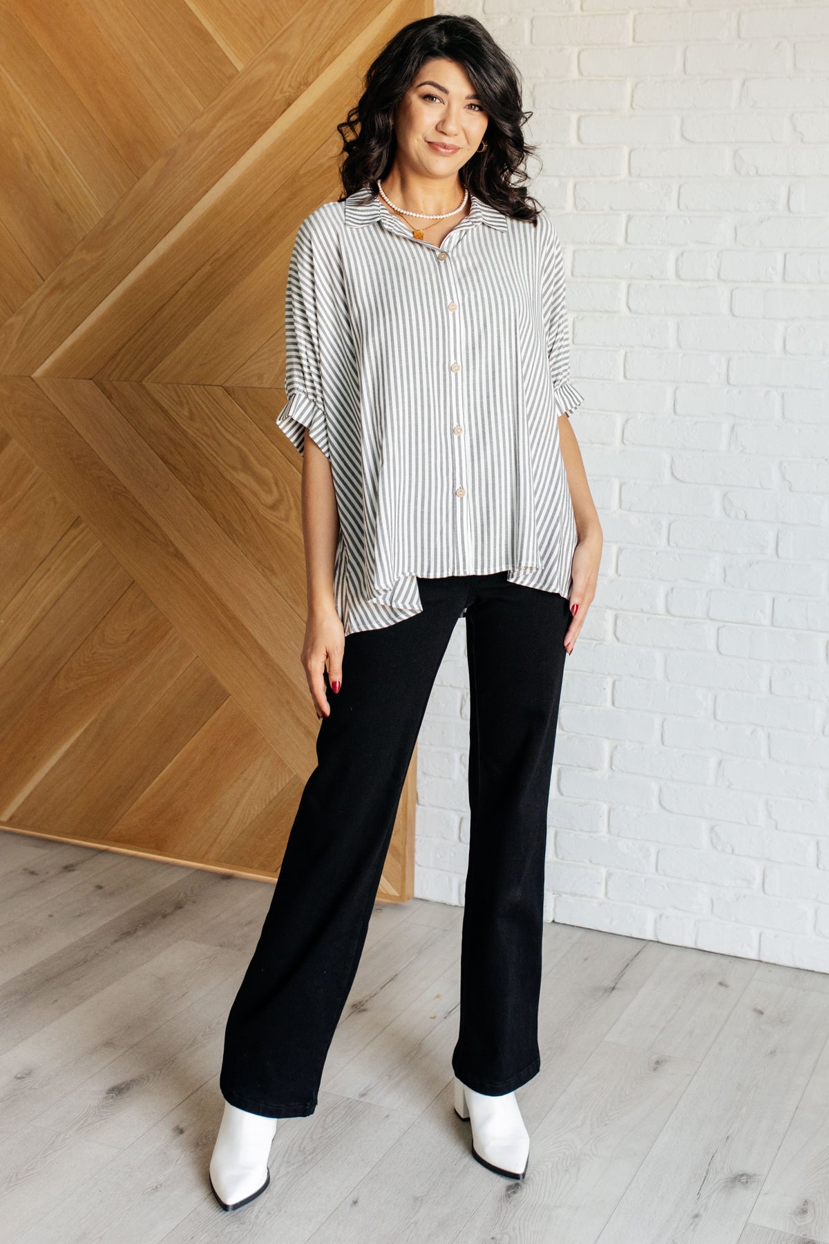 Boxy Striped Button Up in Black - 10/16/2024