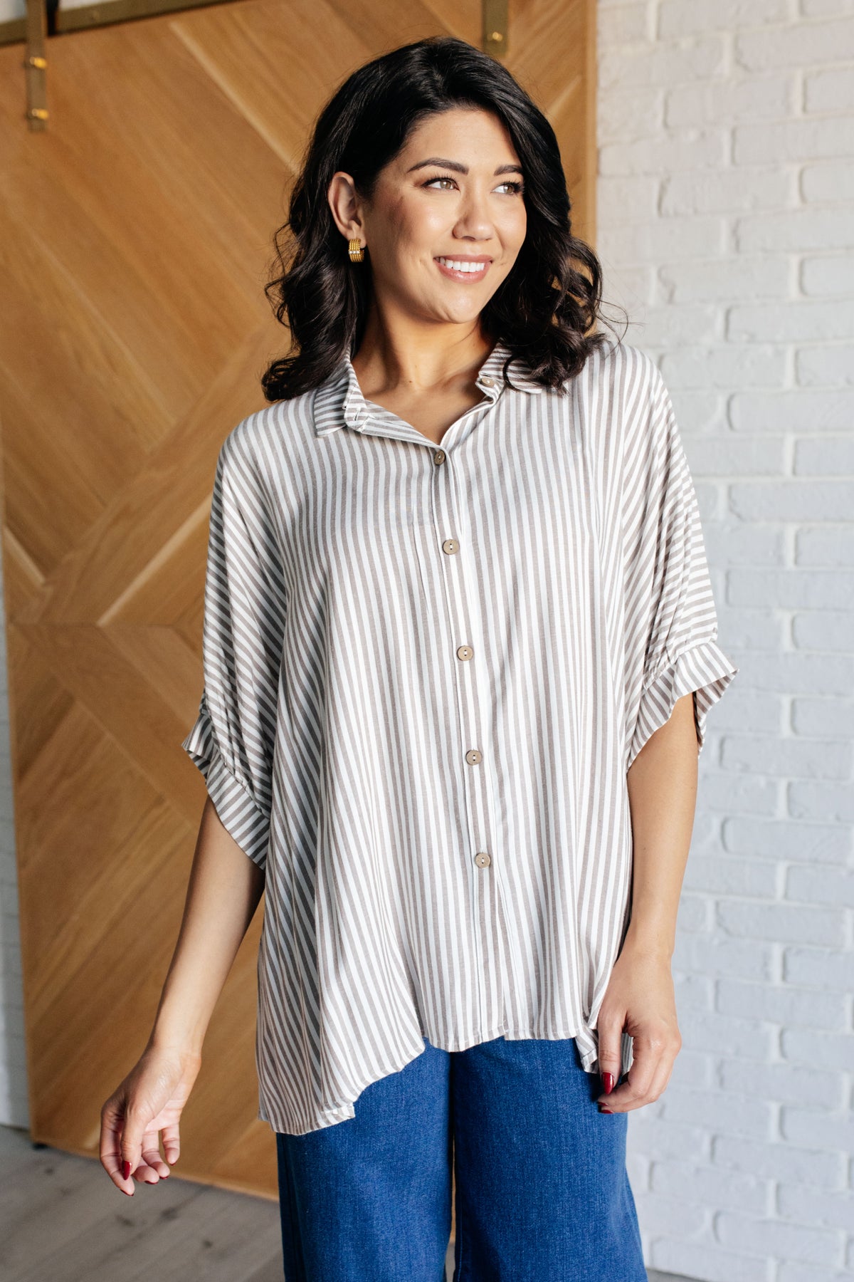 Boxy Striped Button Up in Mocha - 10/16/2024