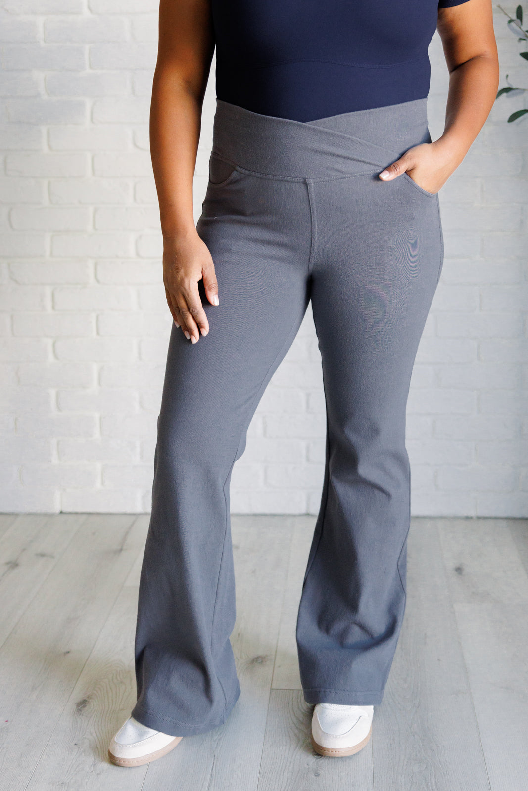 Building Habits Twill Flared Crossover Waist Pant in Titanium - 9/19/2024