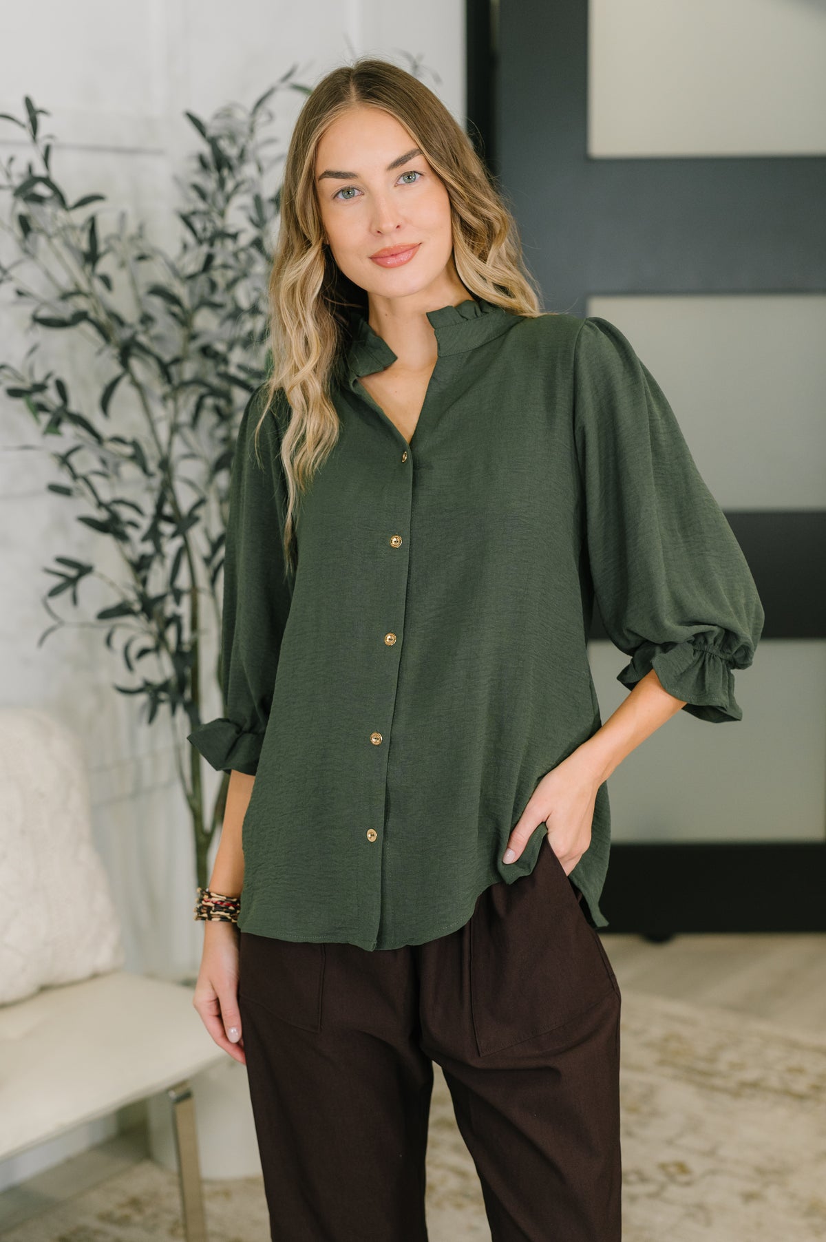 Business Blair Button Down Blouse in Olive - 11/6/2026