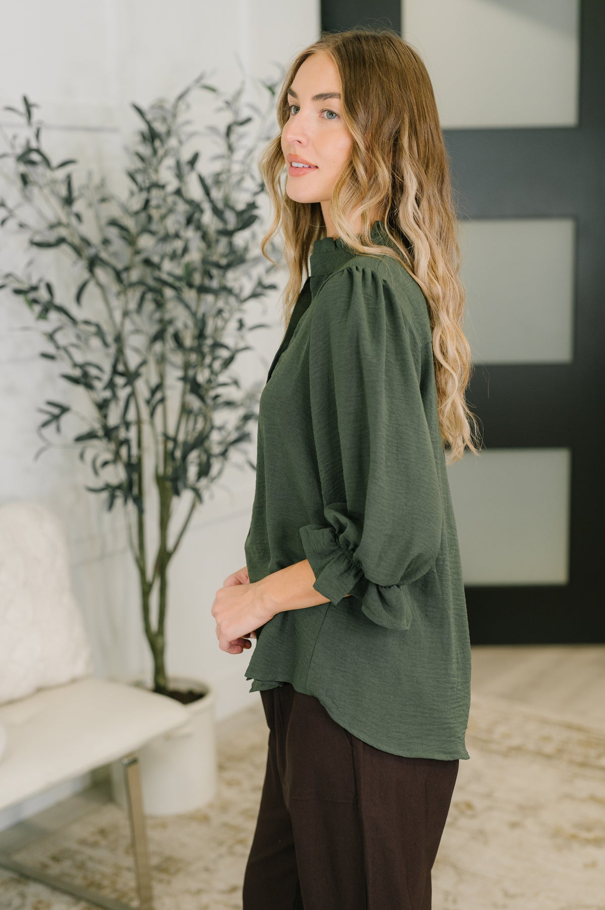 Business Blair Button Down Blouse in Olive - 11/6/2026