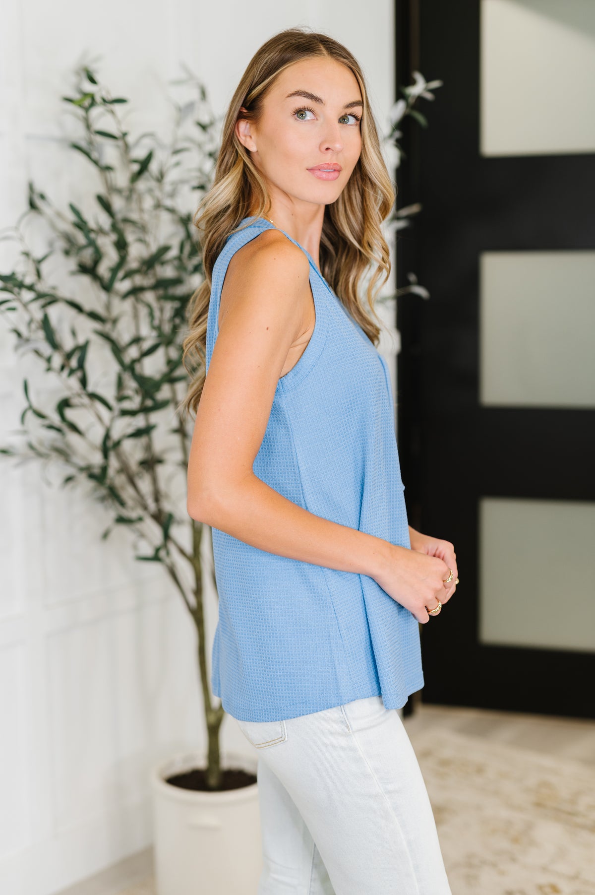 Buttoned Up Buttercup Sleeveless Top in Ocean Blue - 7/8/2025 NEW