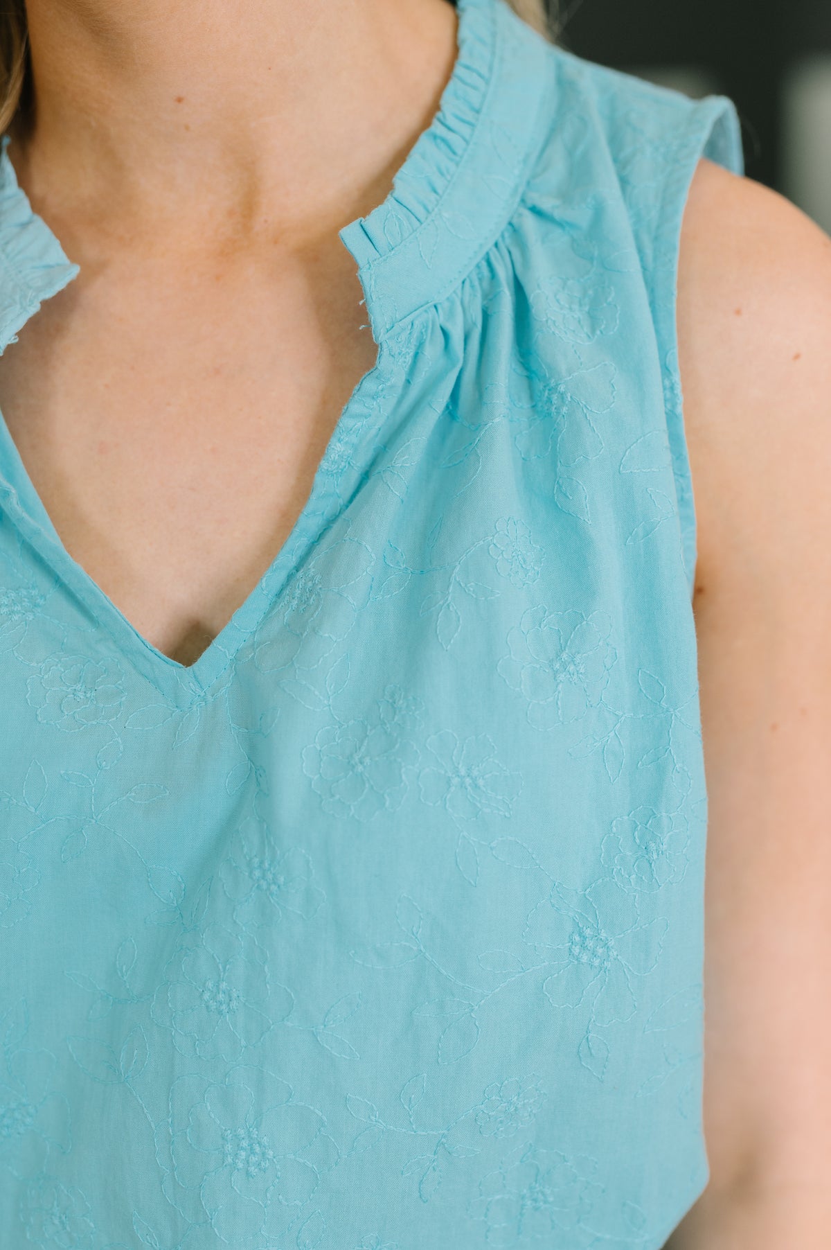 Camellia Split Neck Embroidered Tank in Aqua - 7/14/2026