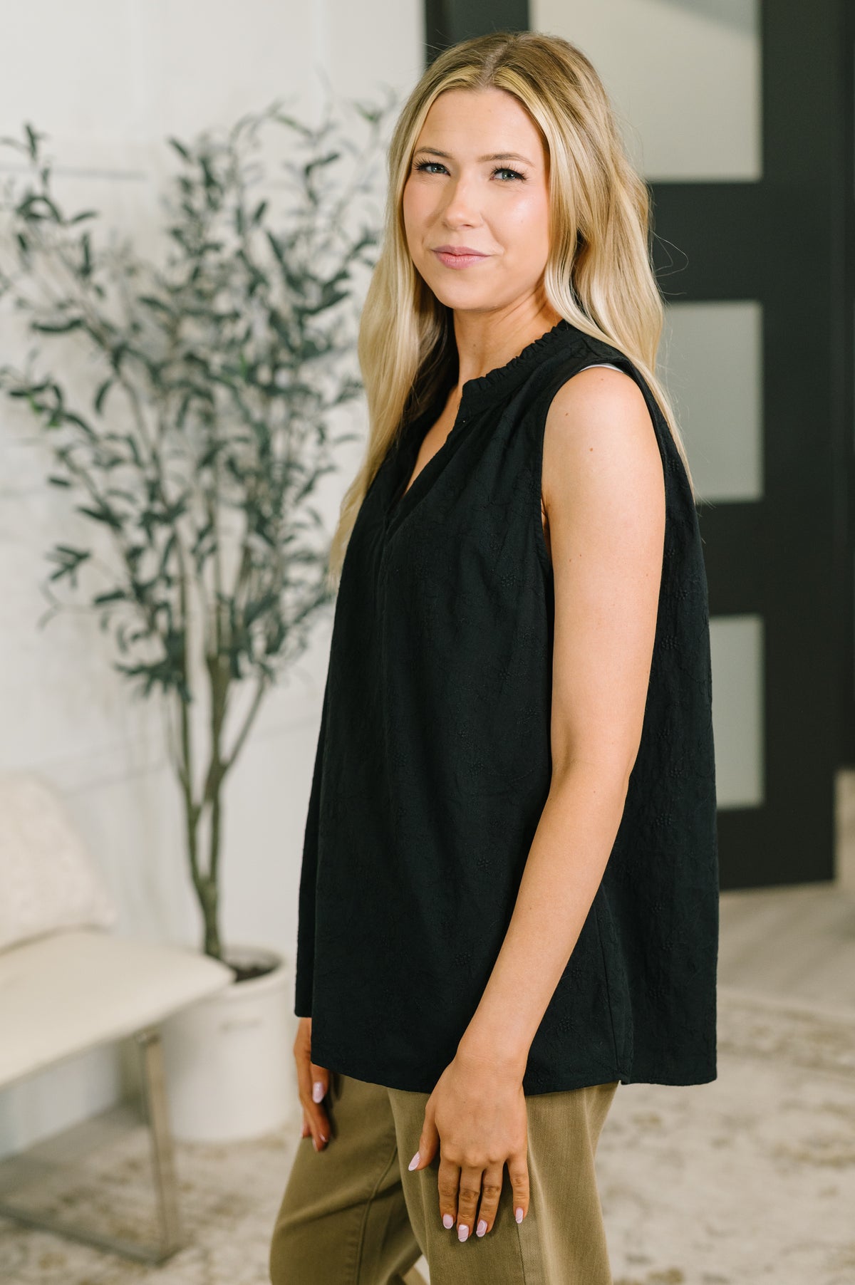 Camellia Split Neck Embroidered Tank in Black - 7/14/2026