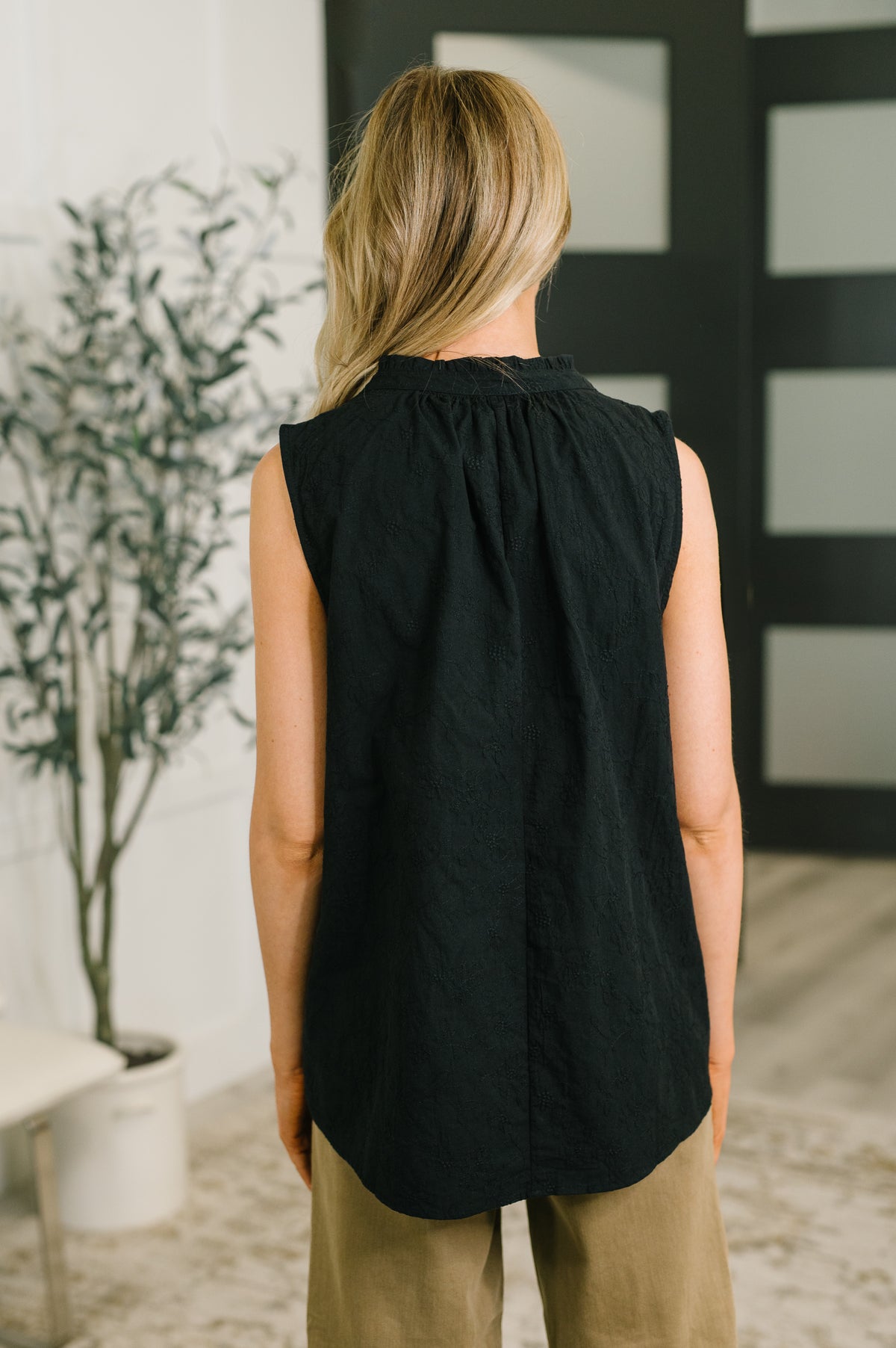Camellia Split Neck Embroidered Tank in Black - 7/14/2026