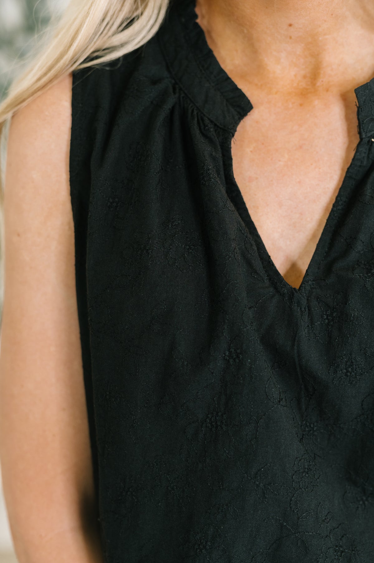 Camellia Split Neck Embroidered Tank in Black - 7/14/2026