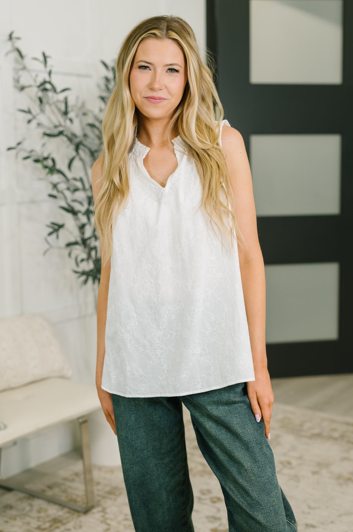 Camellia Split Neck Embroidered Tank in Off White - 7/14/2026