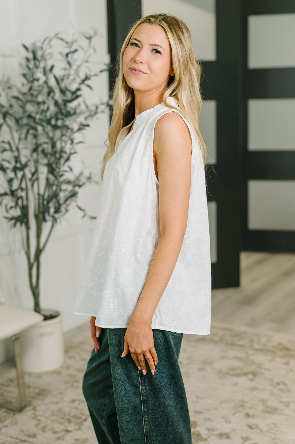 Camellia Split Neck Embroidered Tank in Off White - 7/14/2026