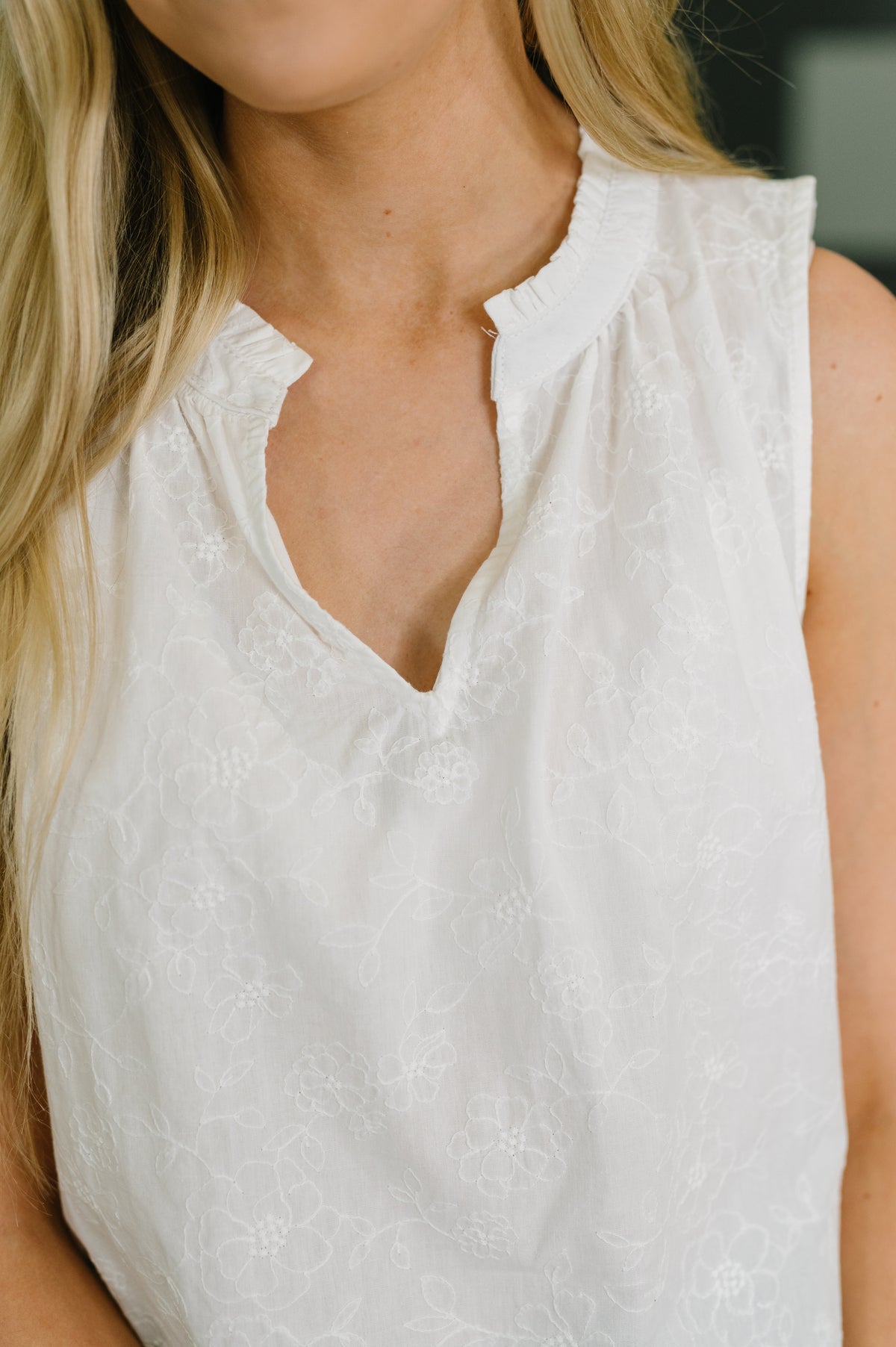 Camellia Split Neck Embroidered Tank in Off White - 7/14/2026