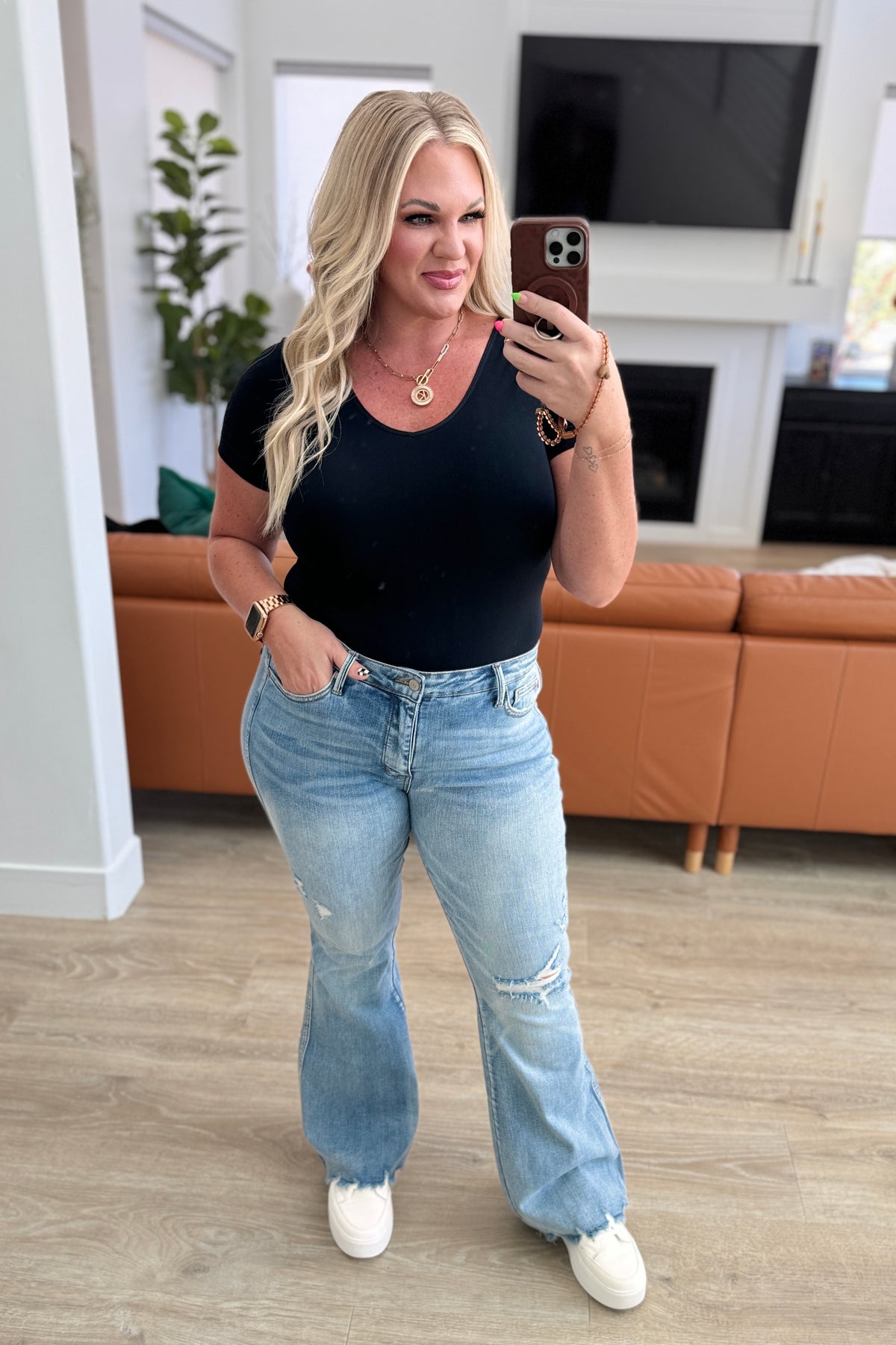 Caroline Mid Rise Control Top Distressed Flare Jeans - 8/28/2024