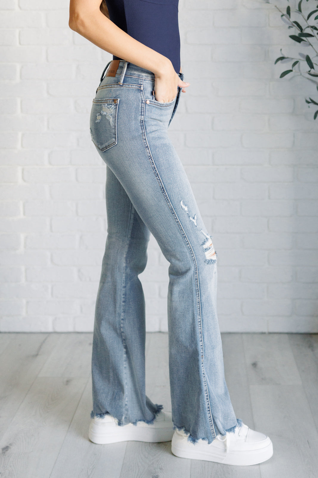 Caroline Mid Rise Control Top Distressed Flare Jeans - 8/28/2024