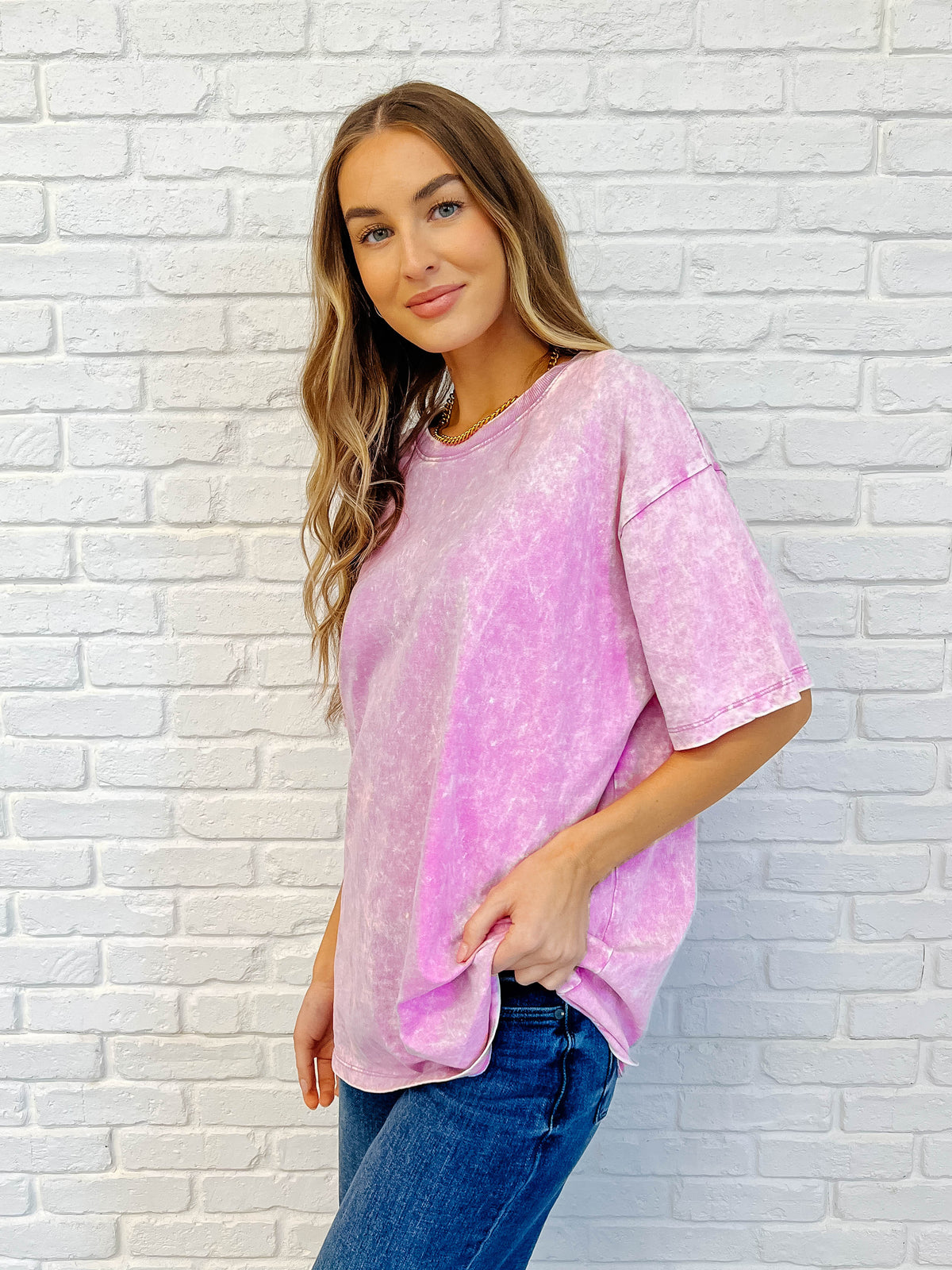 Casual Basic Drop Shoulder Oversized Tee in Bright Mauve - 3/12/2025