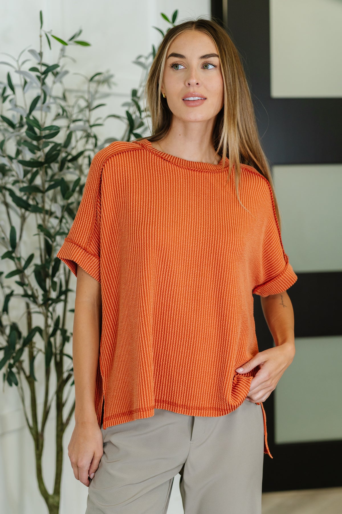 Catch Me Loungin’ Cable Ribbed Knit Top in Burnt Orange - 7/30/2025