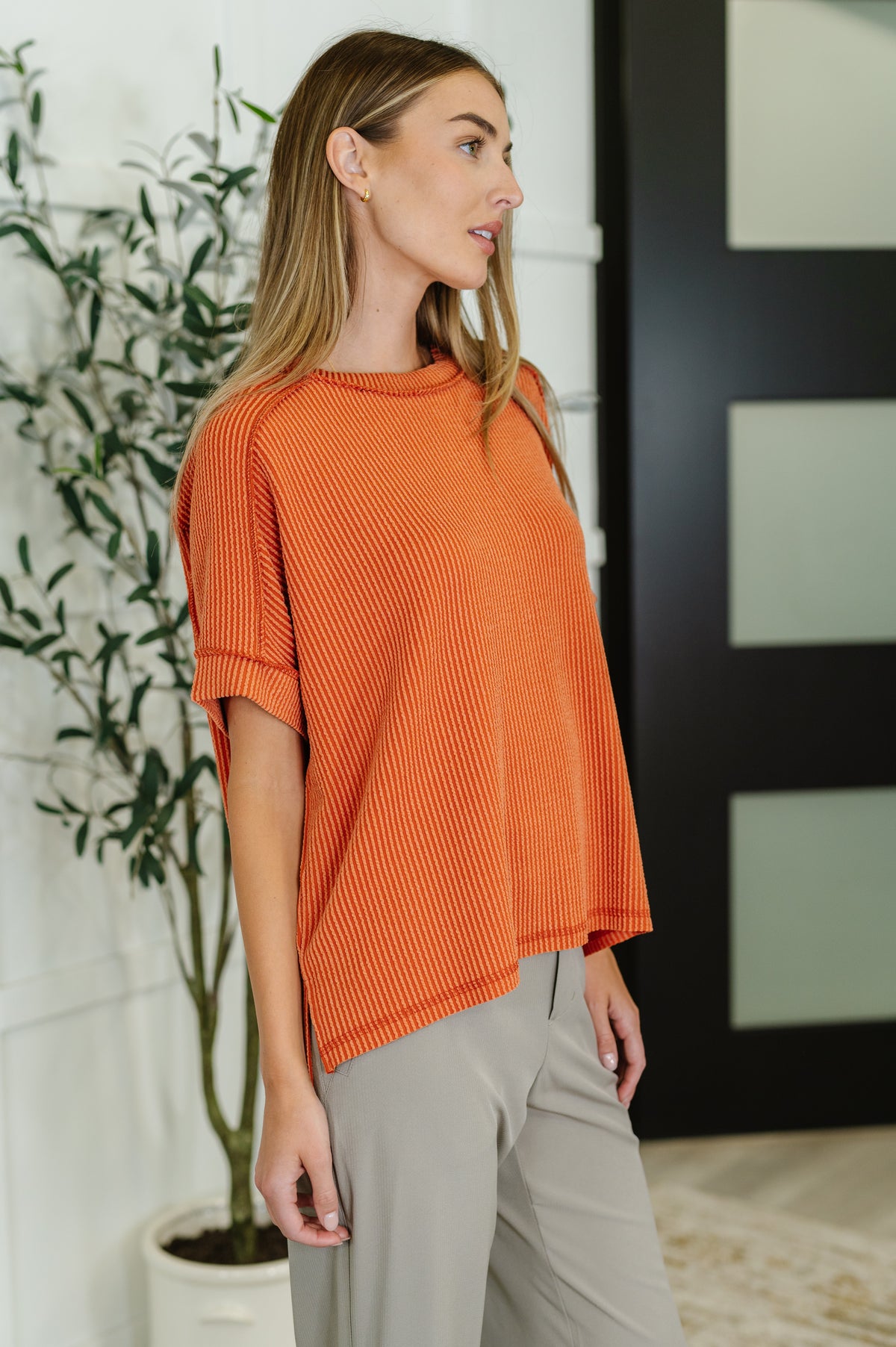 Catch Me Loungin’ Cable Ribbed Knit Top in Burnt Orange - 7/30/2025