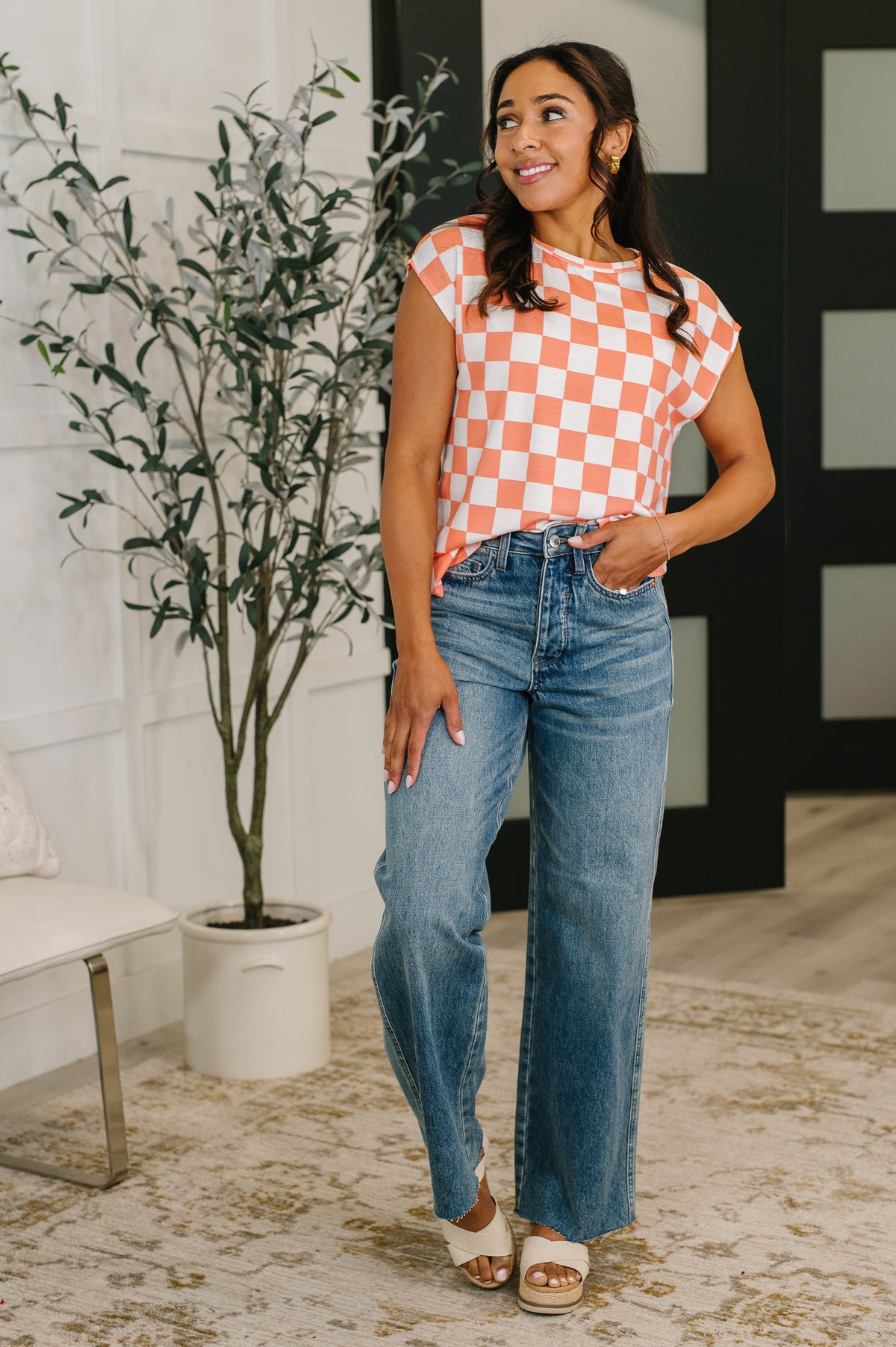 Check Hers Round Neck Top in Orange - 4/14/2026