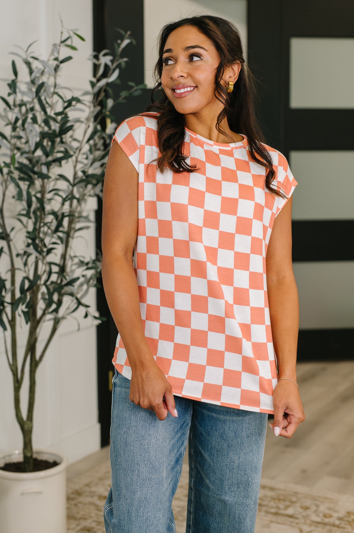 Check Hers Round Neck Top in Orange - 4/14/2026