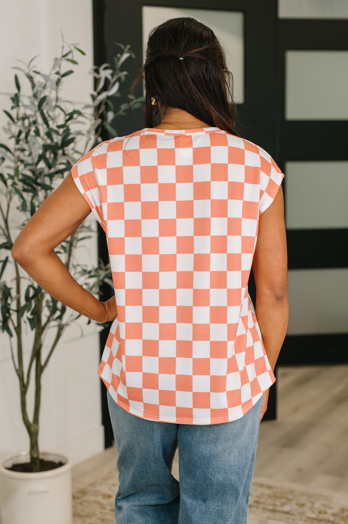 Check Hers Round Neck Top in Orange - 4/14/2026