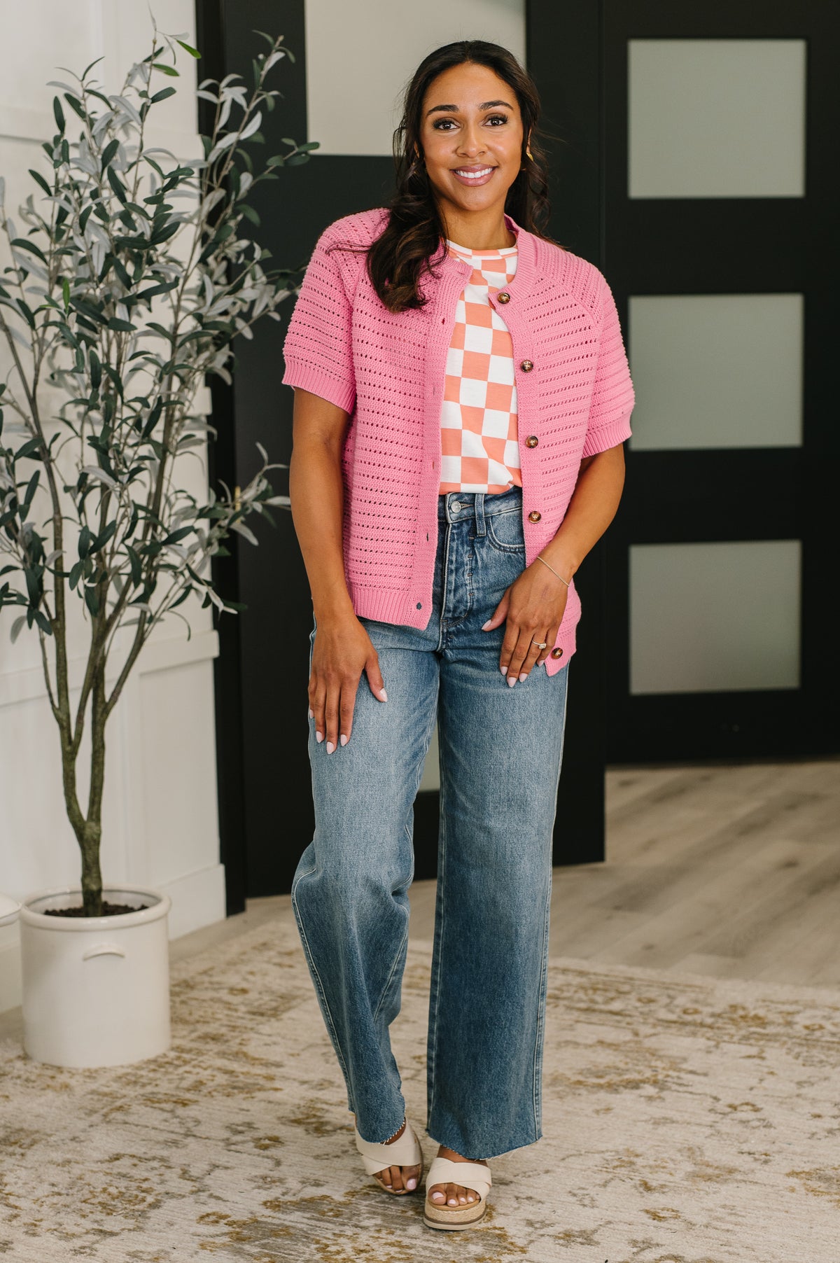 Check Hers Round Neck Top in Orange - 4/14/2026