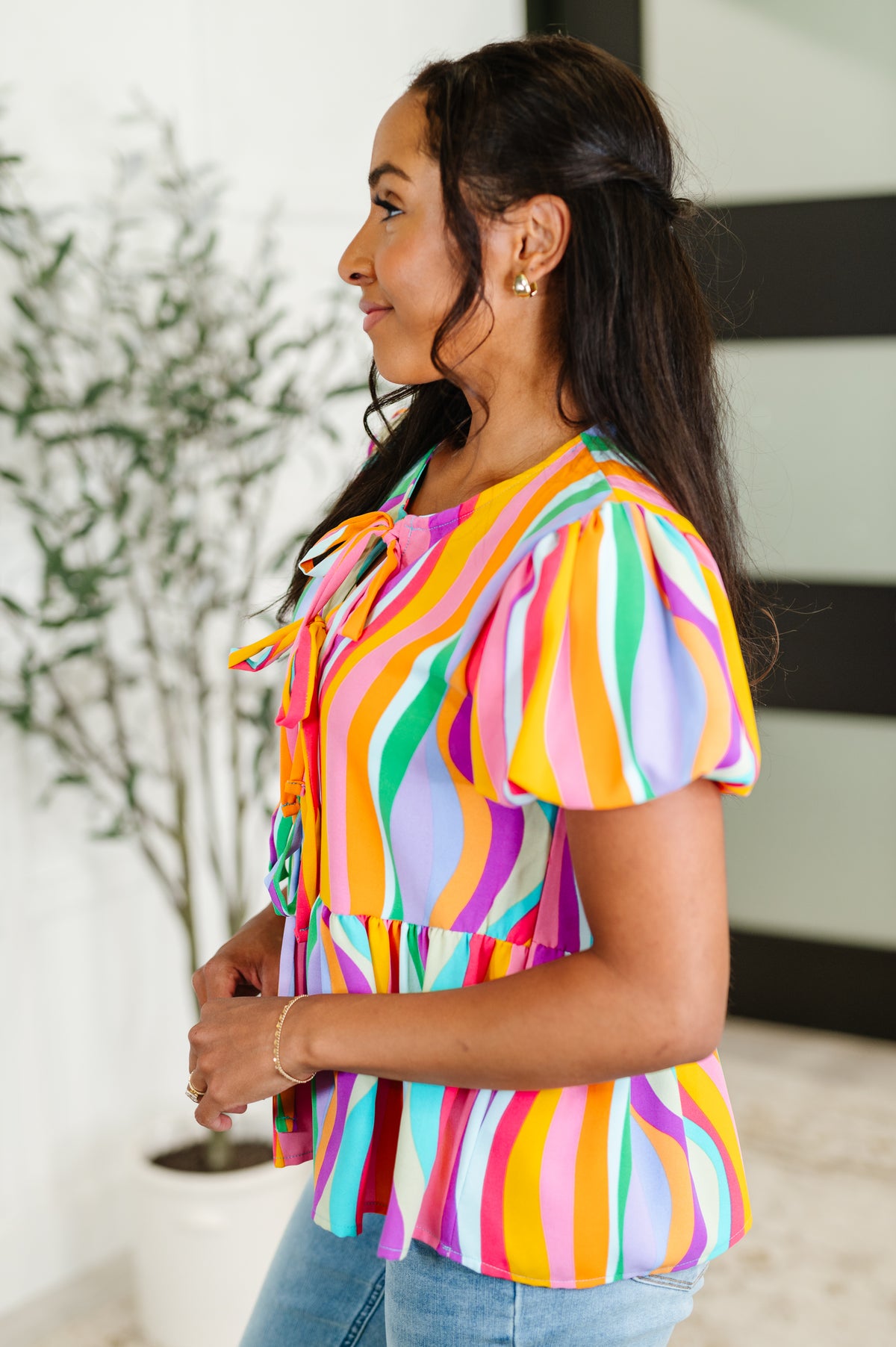 Chromatide Puff Sleeve Blouse in Mint/Orange - 6/13/2025 NEW