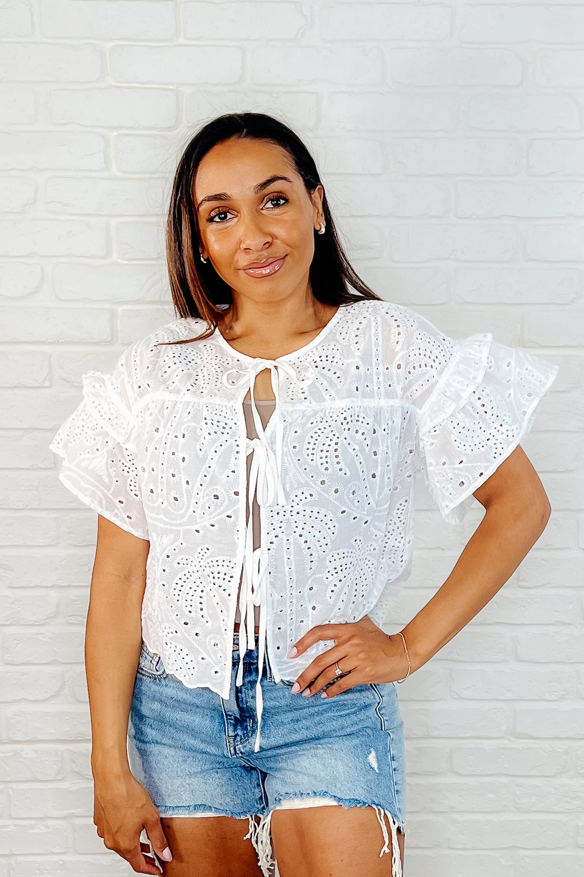 Classy As Heck Eyelet Front Tie Top in Off White - 4/1/2025