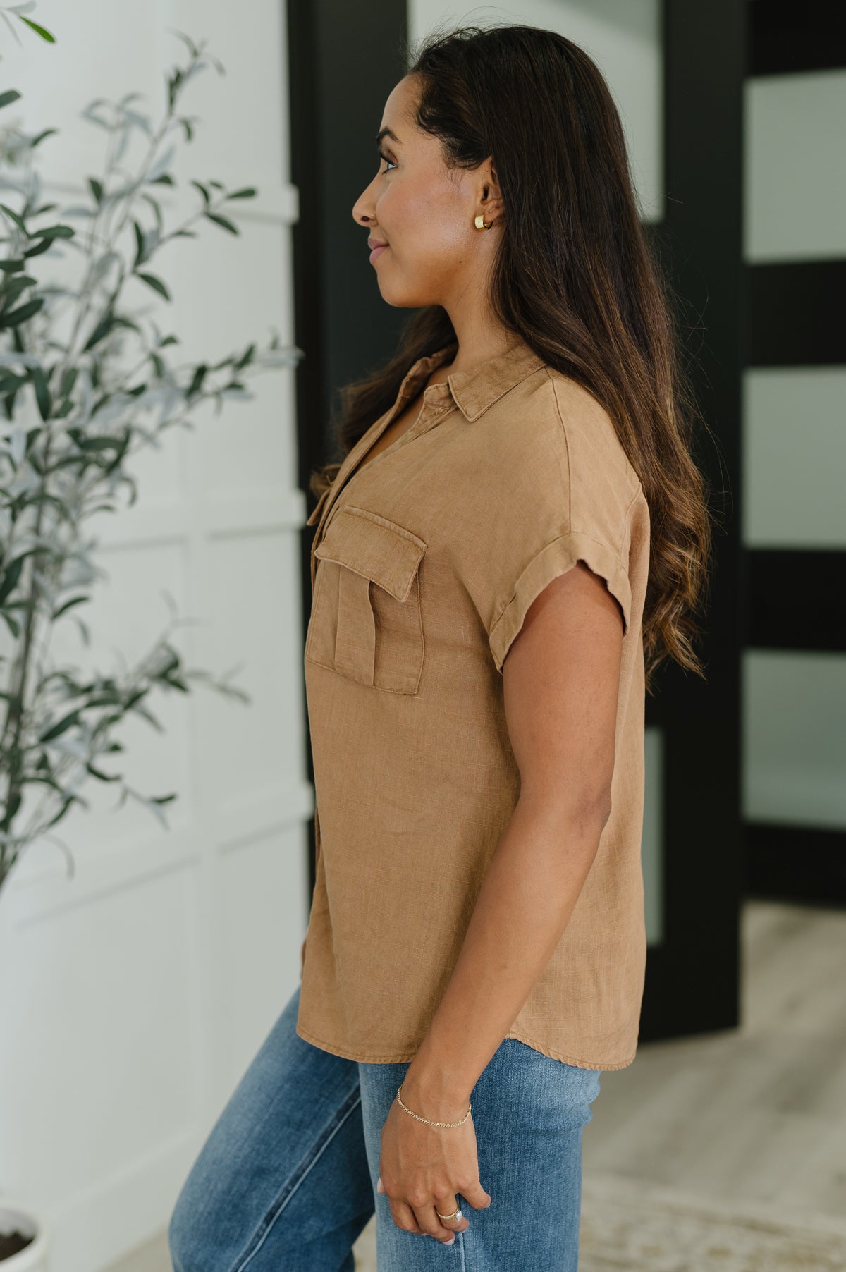 Cloud Nine to Five Button Down Blouse in Deep Camel - 9/19/2025