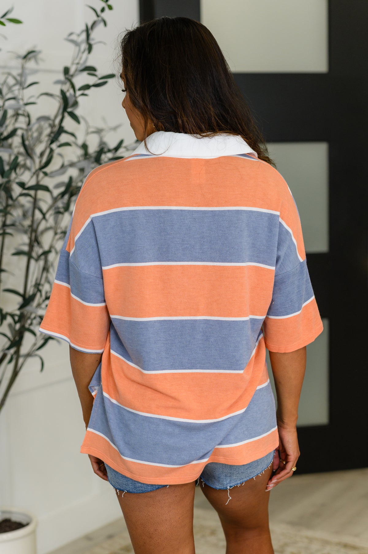 Cloudbound Collared Casual Top in Orange and Denim - 8/5/2025 NEW