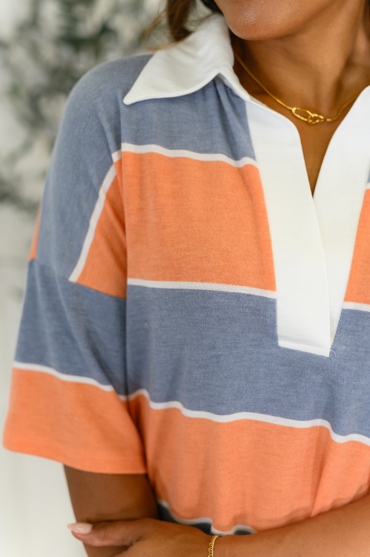 Cloudbound Collared Casual Top in Orange and Denim - 8/5/2025 NEW