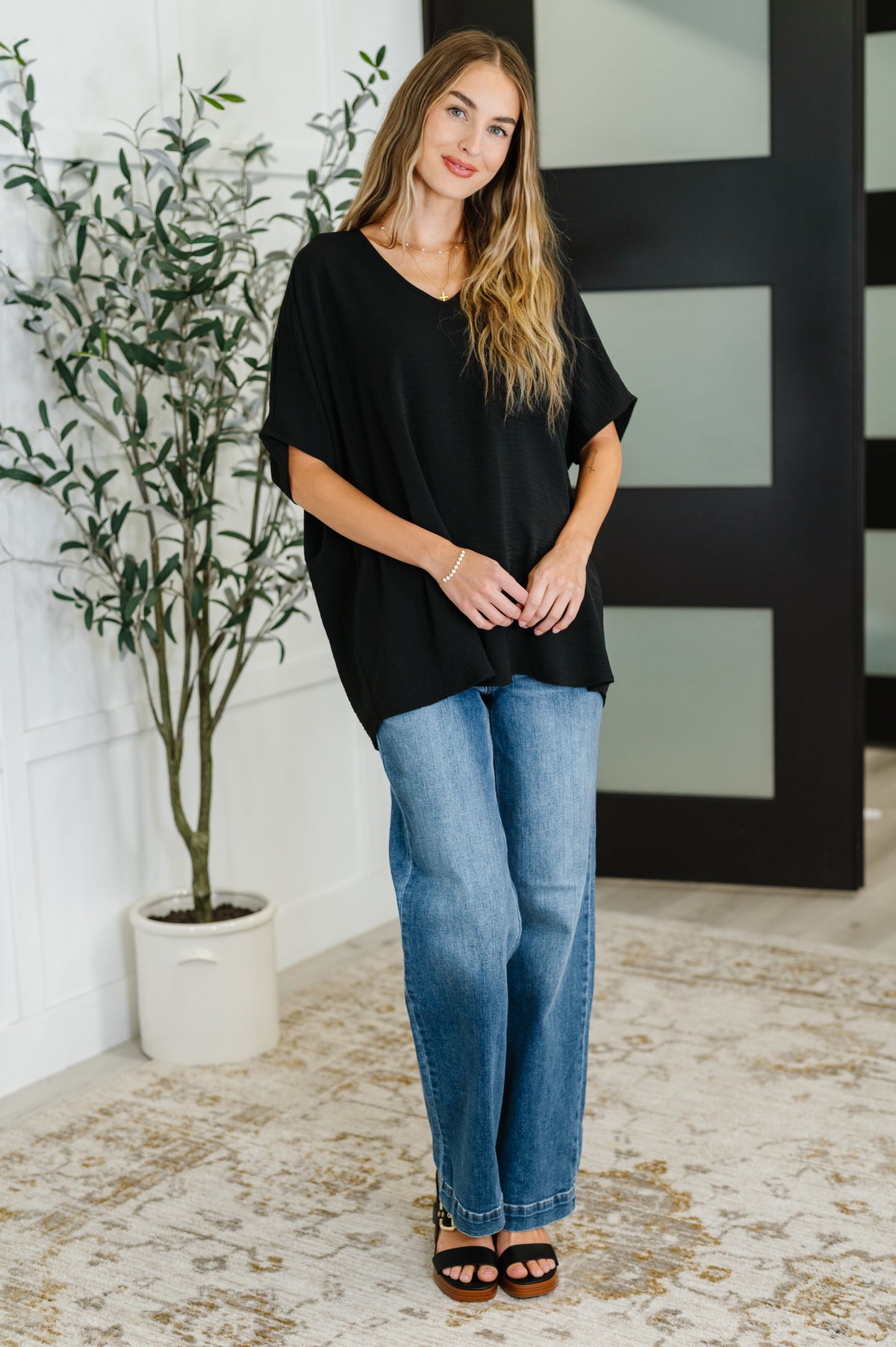 Coastal Ease V-Neck Top in Black - 8/15/2025