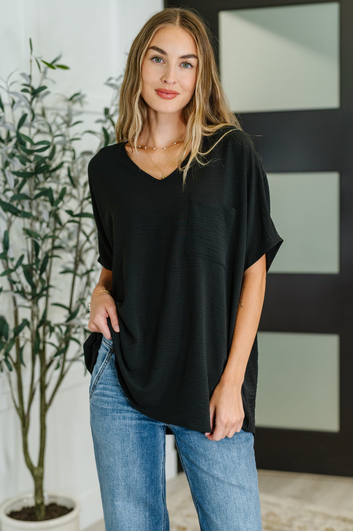 Coastal Ease V-Neck Top in Black - 8/15/2025