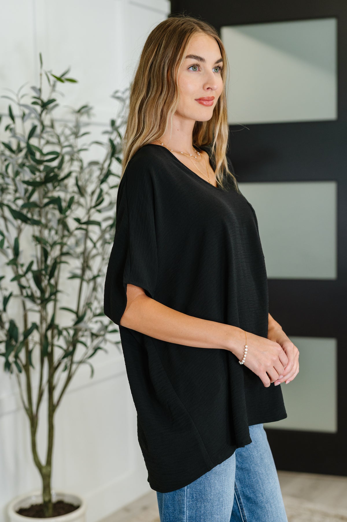 Coastal Ease V-Neck Top in Black - 8/15/2025