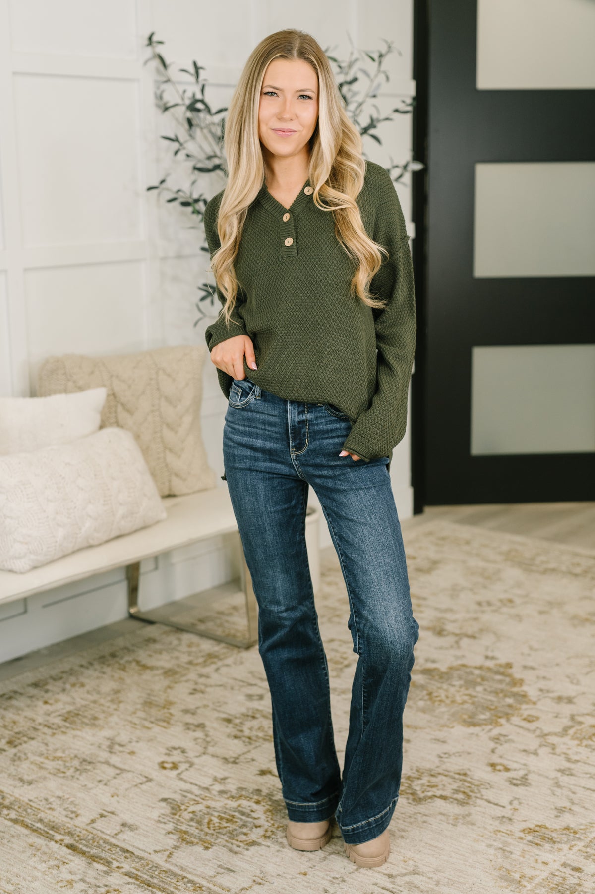 Come Together Henley Casual Top in Dark Olive - 9/25/2026