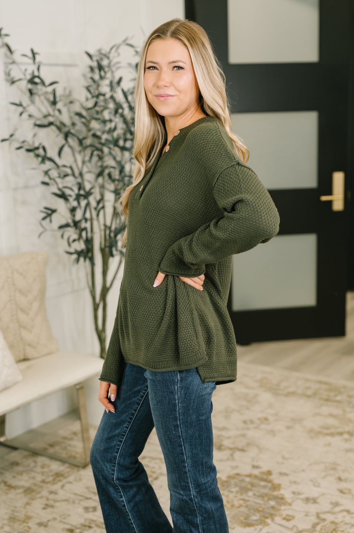 Come Together Henley Casual Top in Dark Olive - 9/25/2026