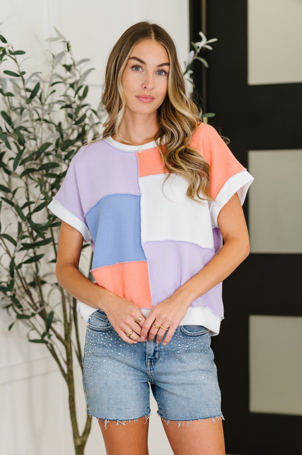 Contrast Club Color Block Top in Lilac, Orange and Denim - 7/8/2025 NEW