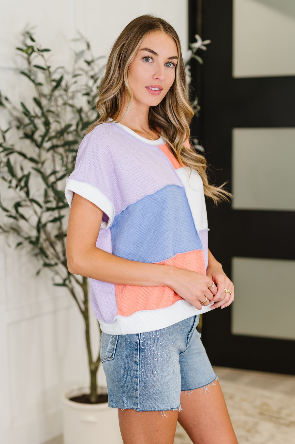Contrast Club Color Block Top in Lilac, Orange and Denim - 7/8/2025 NEW