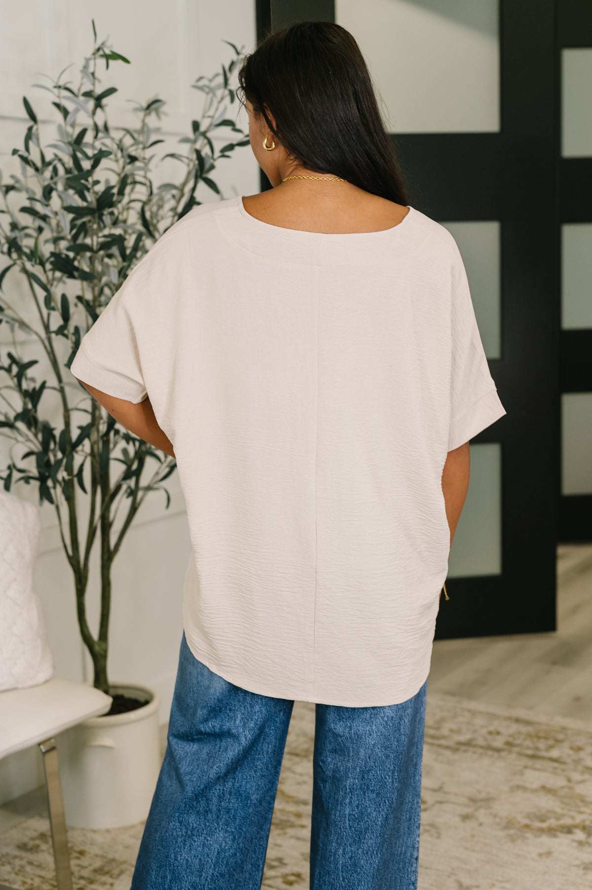 Counter Part Crinkle Woven V-Neck Top in Sand Beige - 2/4/2026