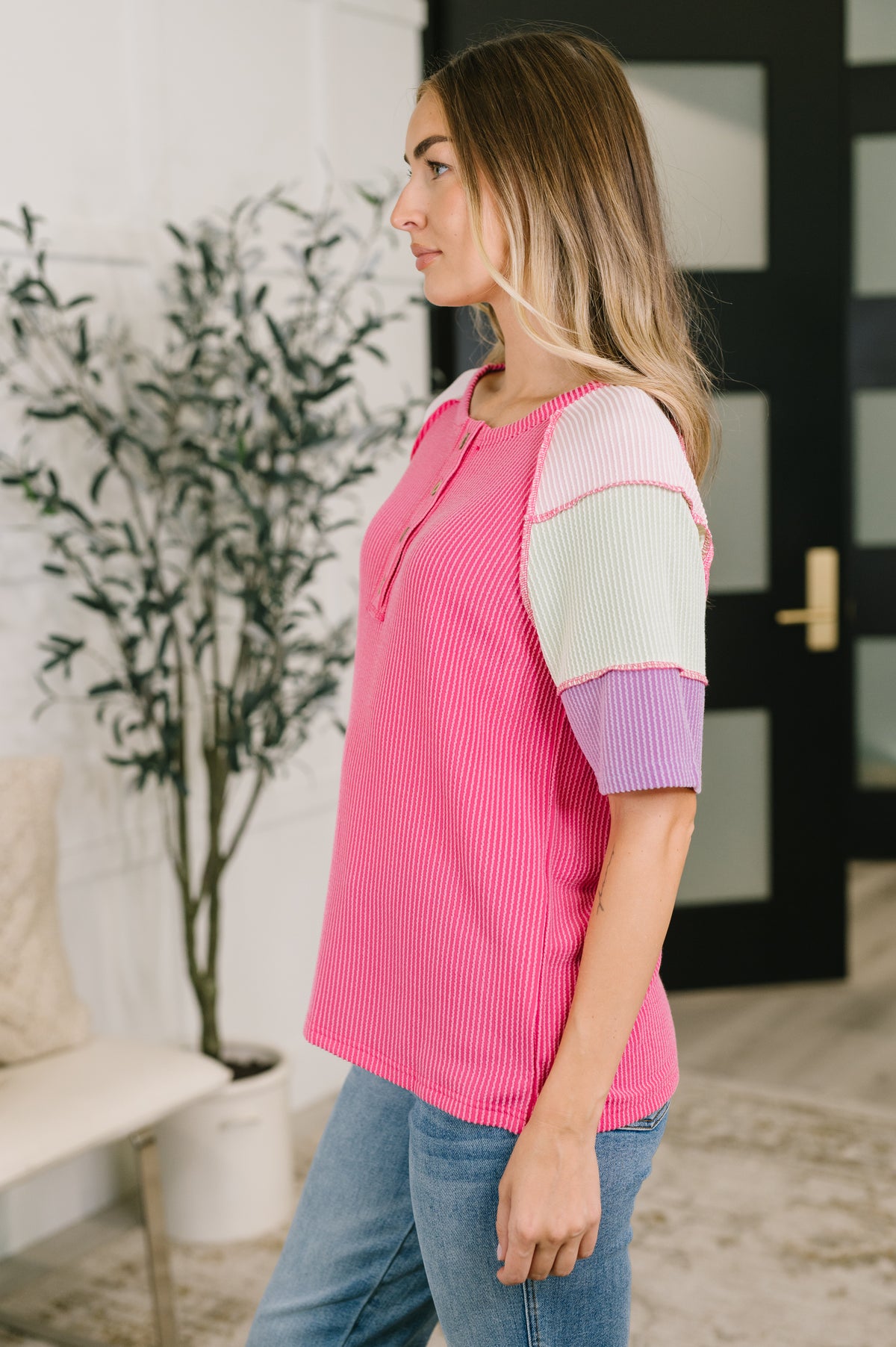 Cozy Collage Color Block Henley Top - 8/11/2026