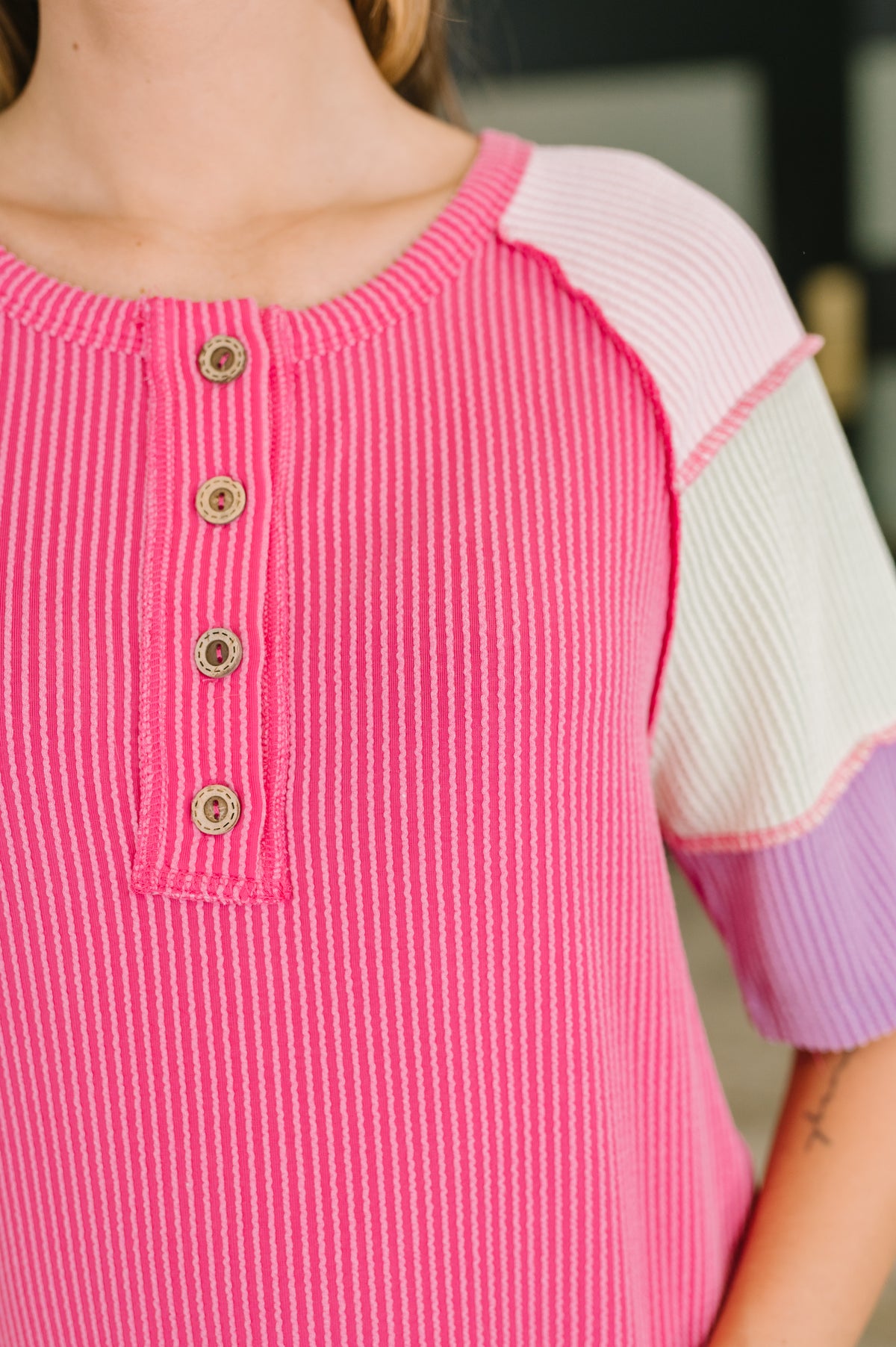 Cozy Collage Color Block Henley Top - 8/11/2026