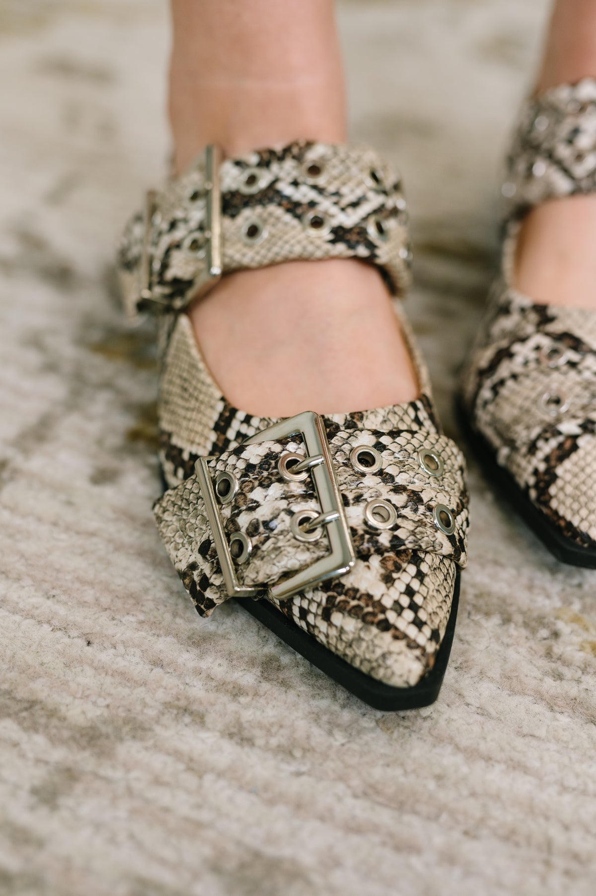 Crazy Train Buckle Pointy Toe Flats in Snakeskin - 8/18/2026